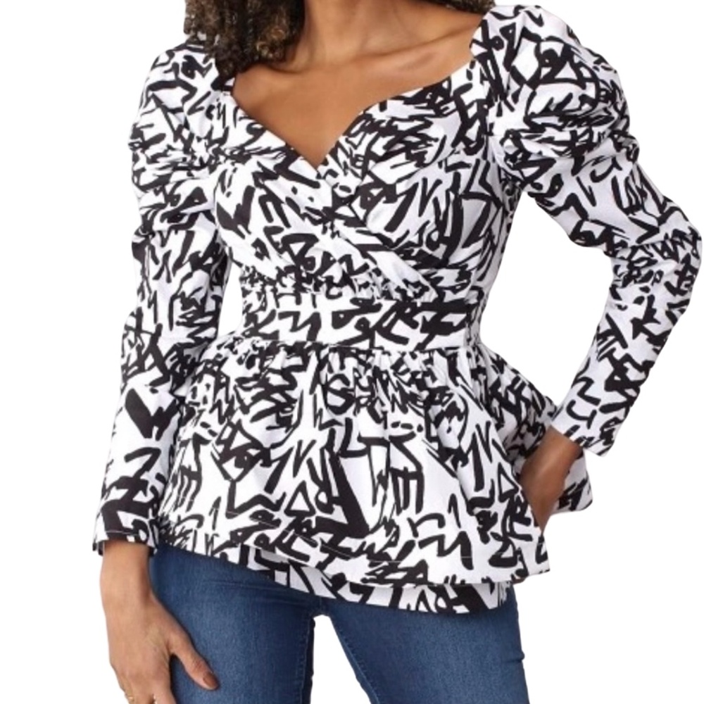 #A024   For Her NYC  Black & White Off-Shoulder Peplum Top  Size S  NWT